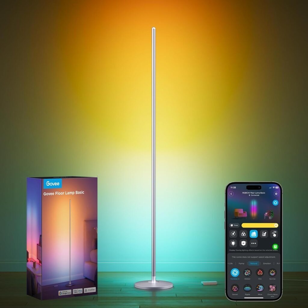 Govee RGBIC Floor Lamp Basic, 1000lm LED Corner Lamp Compatible with SmartThings, Alexa, and Matter, Modern Floor Lamp with Music Sync and 16 Million DIY Colors, Standing Lamp for Bedroom Living Room
