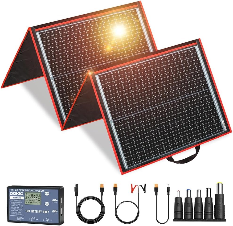 DOKIO 200W Portable Foldable Solar Panel Kit (20x27in, 9.7lb), with Separate Controller and Dual USB, Monocrystalline Charger for 12V Batteries & Power Stations, RV Camping Trailer Emergency Backup
