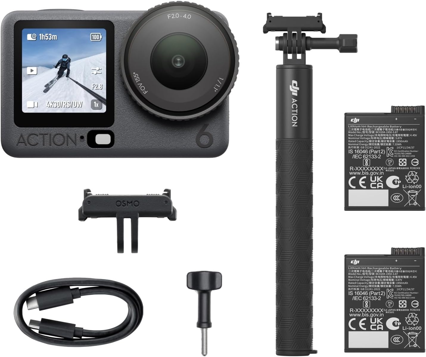DJI Osmo Action 6 Enhanced Combo, 8K Waterproof Action Camera with 1/1.1" Square Sensor, Variable Aperture of f/2.0–f/4.0, Extended Battery Life with 2 Batteries, 1.5m Extension Rod, Battery Case