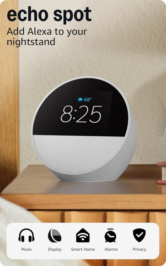 Echo Spot (newest model), Great for nightstands, offices and kitchens, Smart alarm clock, Designed for Alexa+, Black
