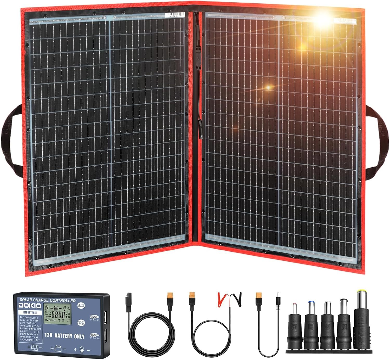 DOKIO 200W Portable Foldable Solar Panel Kit (20x27in, 9.7lb), with Separate Controller and Dual USB, Monocrystalline Charger for 12V Batteries & Power Stations, RV Camping Trailer Emergency Backup - Image 2